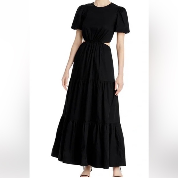 Women's WAYF Maxi Dress Black Tiered Cutouts Puff Sleeves Sized Medium - Picture 2 of 7
